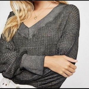 Free People South Side Thermal Oversized Waffle Knit Top Size Small Black